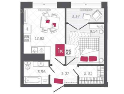 1-к. квартира, 33,5&nbsp;м²