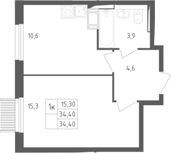 1-к. квартира, 34,4&nbsp;м²