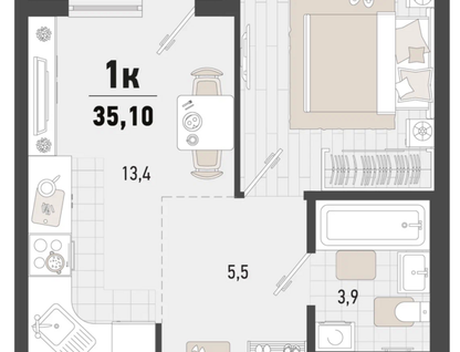 1-к. квартира, 35,1 м²