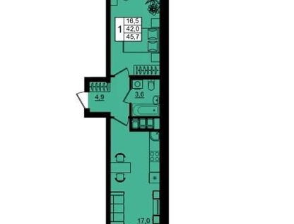 1-к. квартира, 45,7 м²