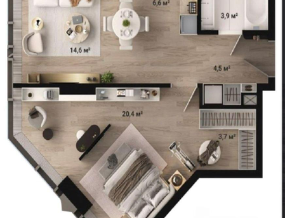 1-к. квартира, 54,4&nbsp;м²