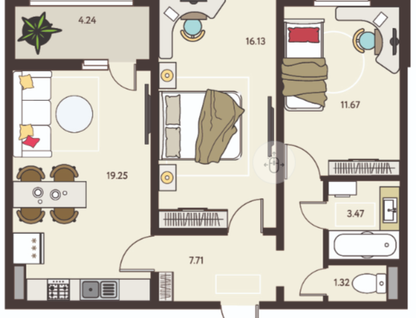 2-к. квартира, 61,7 м²