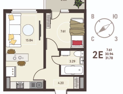 1-к. квартира, 31,8&nbsp;м²