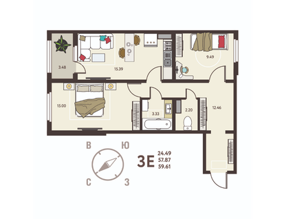 2-к. квартира, 59,6&nbsp;м²