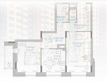 2-к. квартира, 61&nbsp;м²