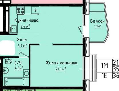 1-к. квартира, 36,6&nbsp;м²