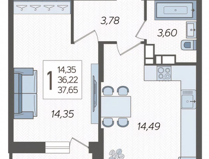 1-к. квартира, 37,6&nbsp;м²