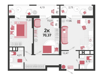 2-к. квартира, 70,4&nbsp;м²