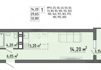 Студия, 32,8&nbsp;м²