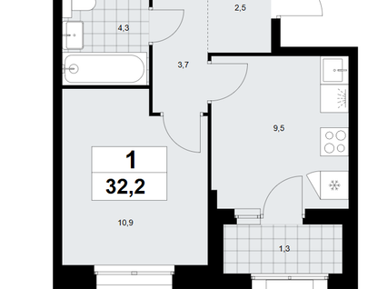 1-к. квартира, 32,2&nbsp;м²