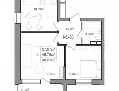 1-к. квартира, 48,8&nbsp;м²
