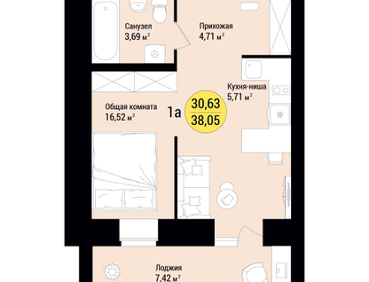 1-к. квартира, 37&nbsp;м²