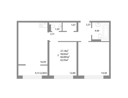 2-к. квартира, 60,9&nbsp;м²