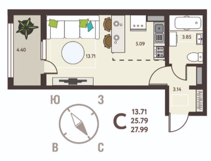 1-к. квартира, 28&nbsp;м²