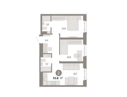 2-к. квартира, 55,8&nbsp;м²
