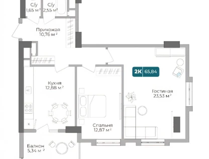 2-к. квартира, 65,8&nbsp;м²