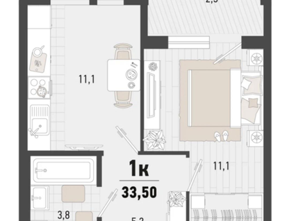 1-к. квартира, 33,5&nbsp;м²
