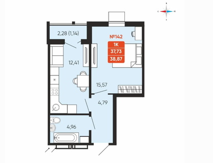 1-к. квартира, 38,9 м²