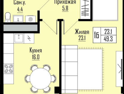 1-к. квартира, 49&nbsp;м²