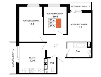 3-к. квартира, 65,1&nbsp;м²