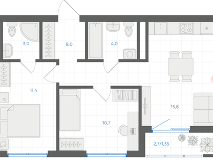 2-к. квартира, 54,2 м²