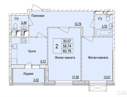 2-к. квартира, 61 м²