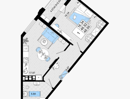 1-к. квартира, 49 м²