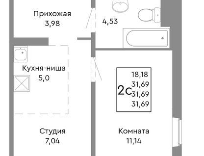 1-к. квартира, 31,7 м²