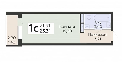Студия, 23,3&nbsp;м²