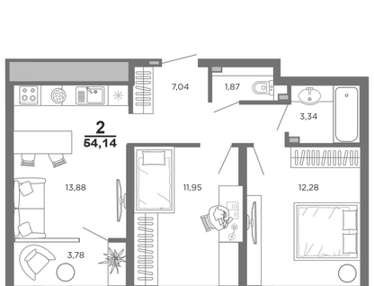 2-к. квартира, 54,1&nbsp;м²