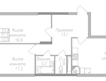 2-к. квартира, 73&nbsp;м²