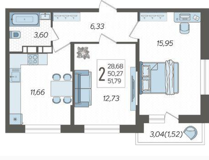 2-к. квартира, 51,8&nbsp;м²