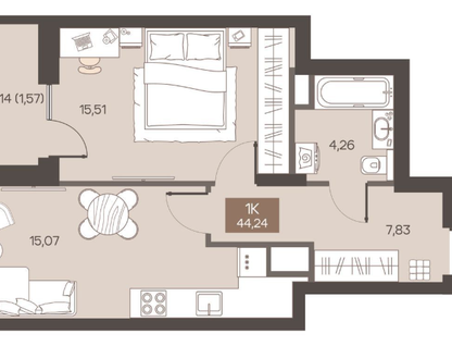 1-к. квартира, 44,1 м²