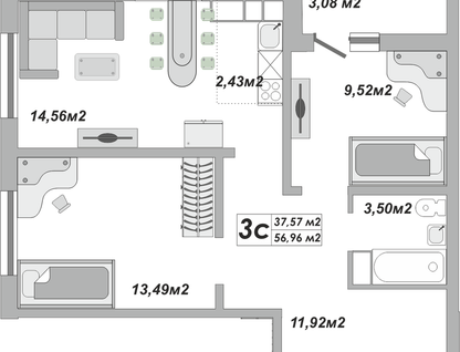 3-к. квартира, 57&nbsp;м²