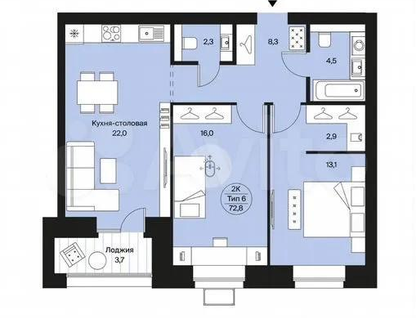 2-к. квартира, 72,8&nbsp;м²
