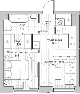 1-к. квартира, 35,3 м²