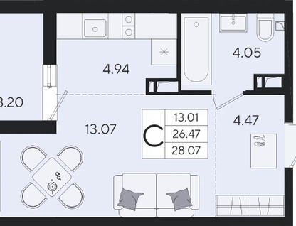 Студия, 28,1&nbsp;м²