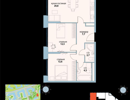 2-к. квартира, 62,5&nbsp;м²