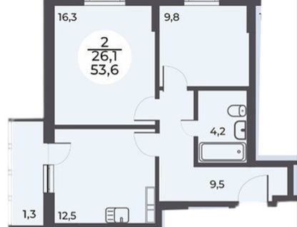 2-к. квартира, 53,6 м²