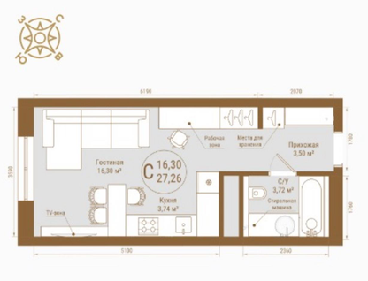 Студия, 27,3&nbsp;м²