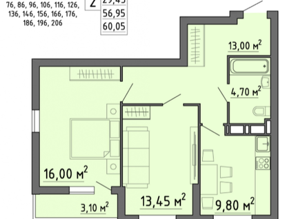 2-к. квартира, 60 м²