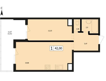 1-к. квартира, 42 м²