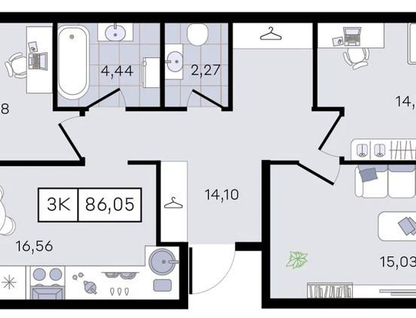 3-к. квартира, 86 м²