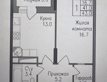1-к. квартира, 43&nbsp;м²