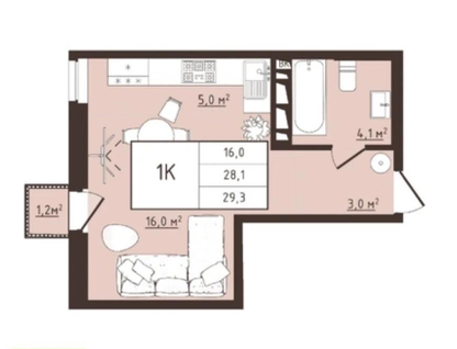 Студия, 29,3 м²