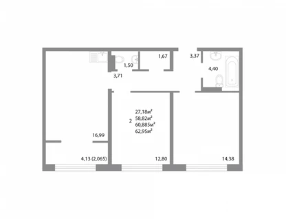 2-к. квартира, 60,9&nbsp;м²