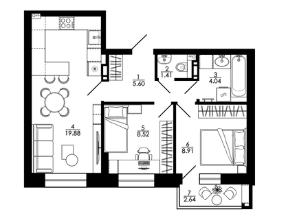 2-к. квартира, 53&nbsp;м²