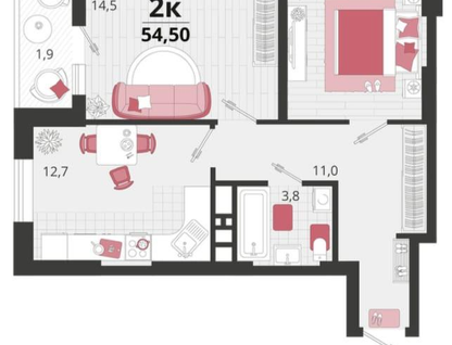 2-к. квартира, 54,5&nbsp;м²