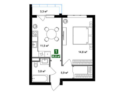 1-к. квартира, 36,8&nbsp;м²
