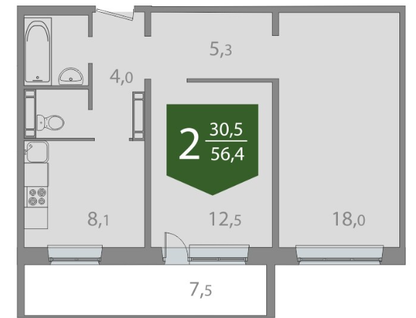2-к. квартира, 56,4&nbsp;м²